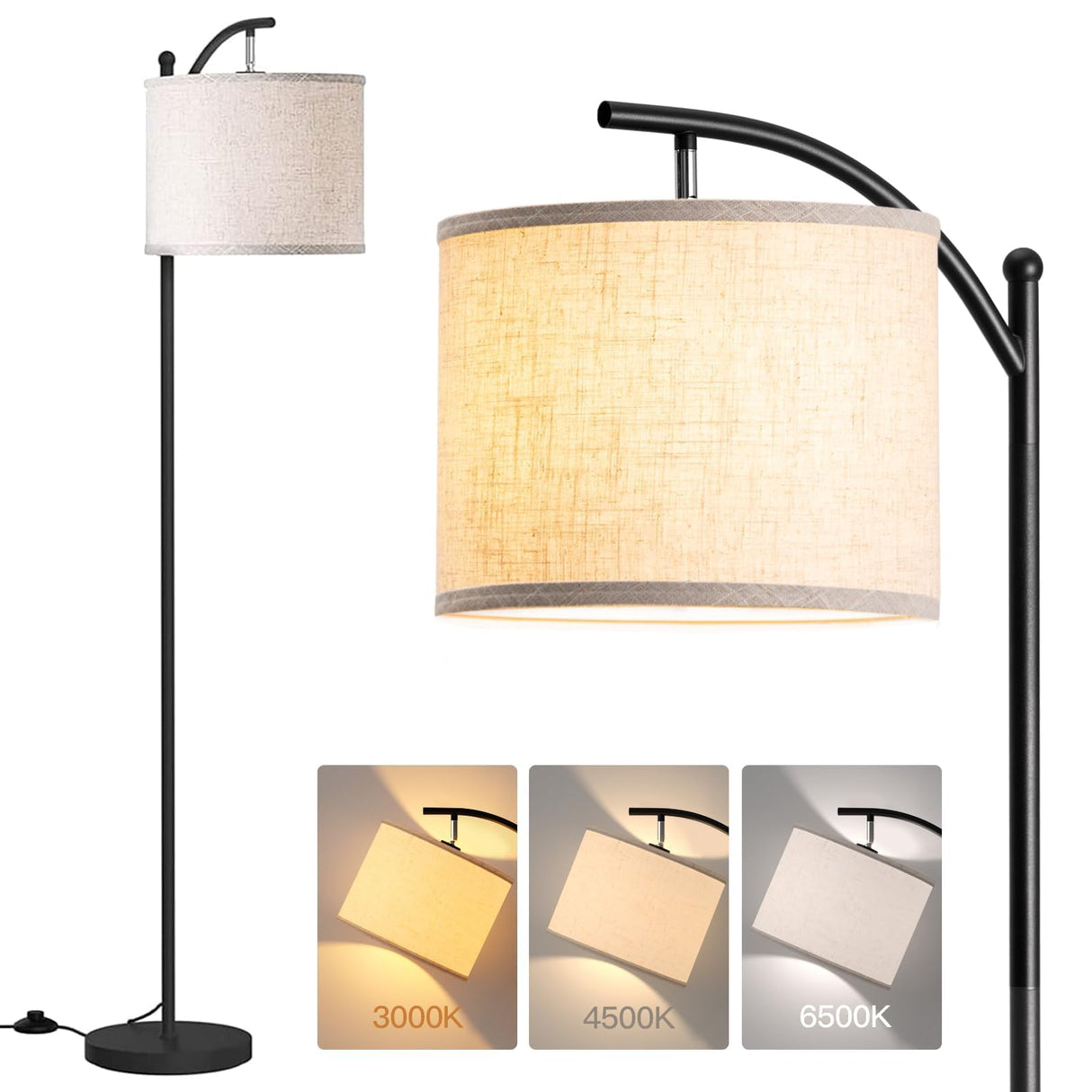 addlon Floor Lamp for Living Room with 3 Color Temperatures, Standing lamp with Linen lampshade for Bedroom, Office, Lamps with 9W LED Bulb Included - Black with Beige Lampshade addlon