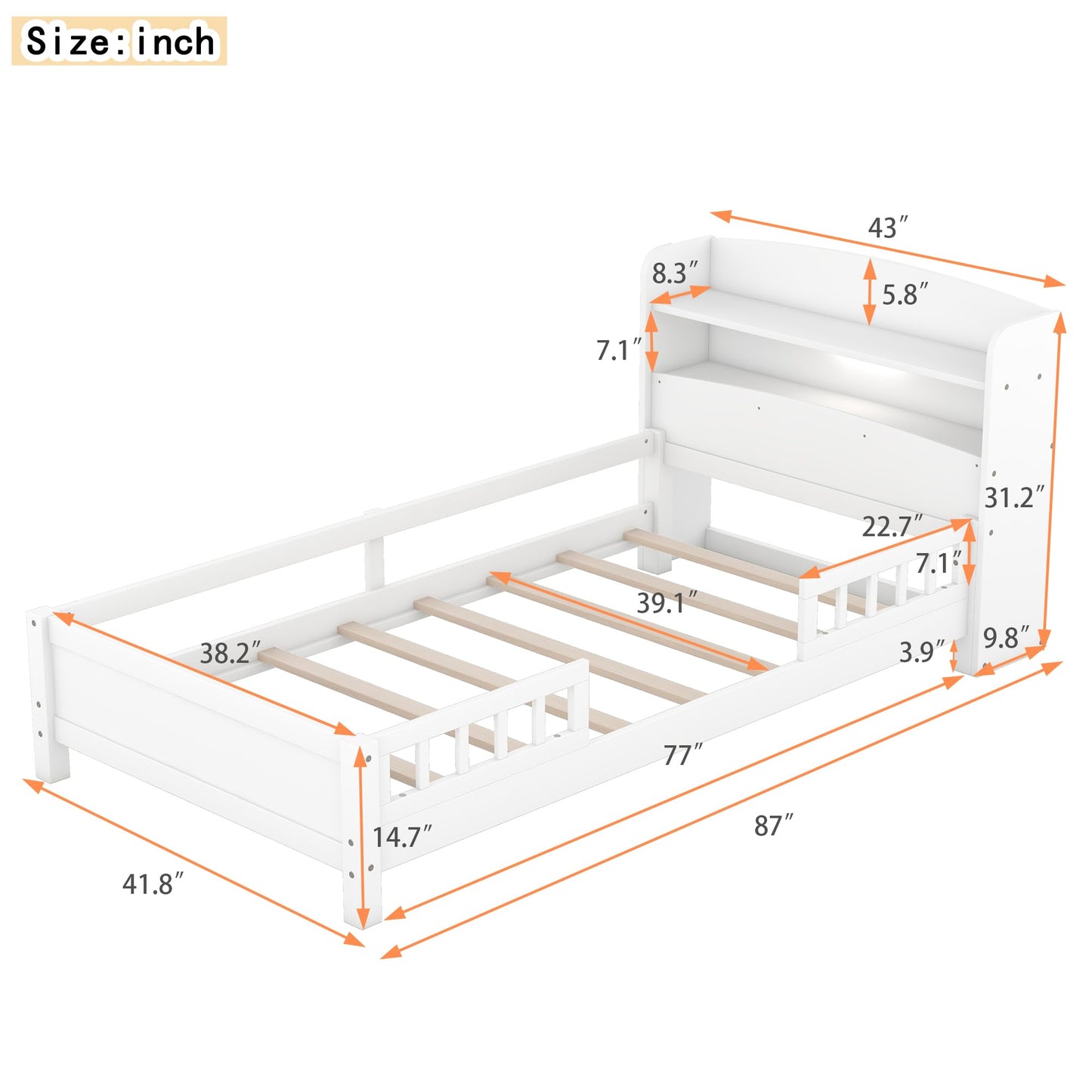 SOFTSEA Twin Size Antique White LED Platform Bed with Storage Headboard and Safety Guardrails - WoodArtSupply