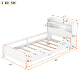 SOFTSEA Twin Size Antique White LED Platform Bed with Storage Headboard and Safety Guardrails SOFTSEA