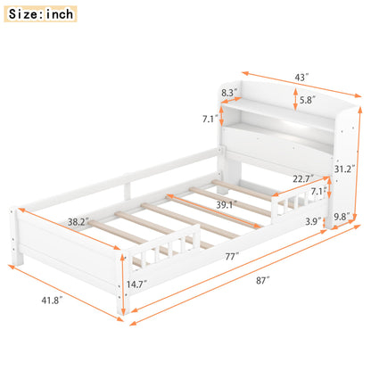 SOFTSEA Twin Size Antique White LED Platform Bed with Storage Headboard and Safety Guardrails - WoodArtSupply