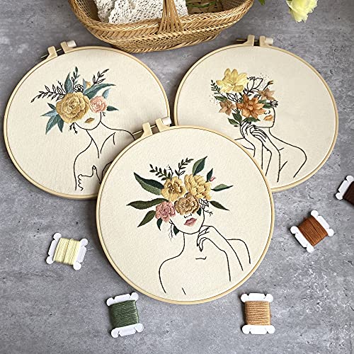 Harimau 3 in Beginner Embroidery Kit,Floral Plant Pattern,Cross Stitch Kits, Including Stamped Embroidery Cloth with 3 Embroidery Hoops, Color Threads and Embroidery Kits