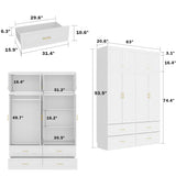 MOUMON 4 Door Wardrobe Closet with 4 Drawers & Shelves, Armoire Wardrobe Closet with Hanging Rod, Top Cube Storage, Closet for Bedroom White and Gold (63”W x 20.6”D x 93.9”H) MOUMON