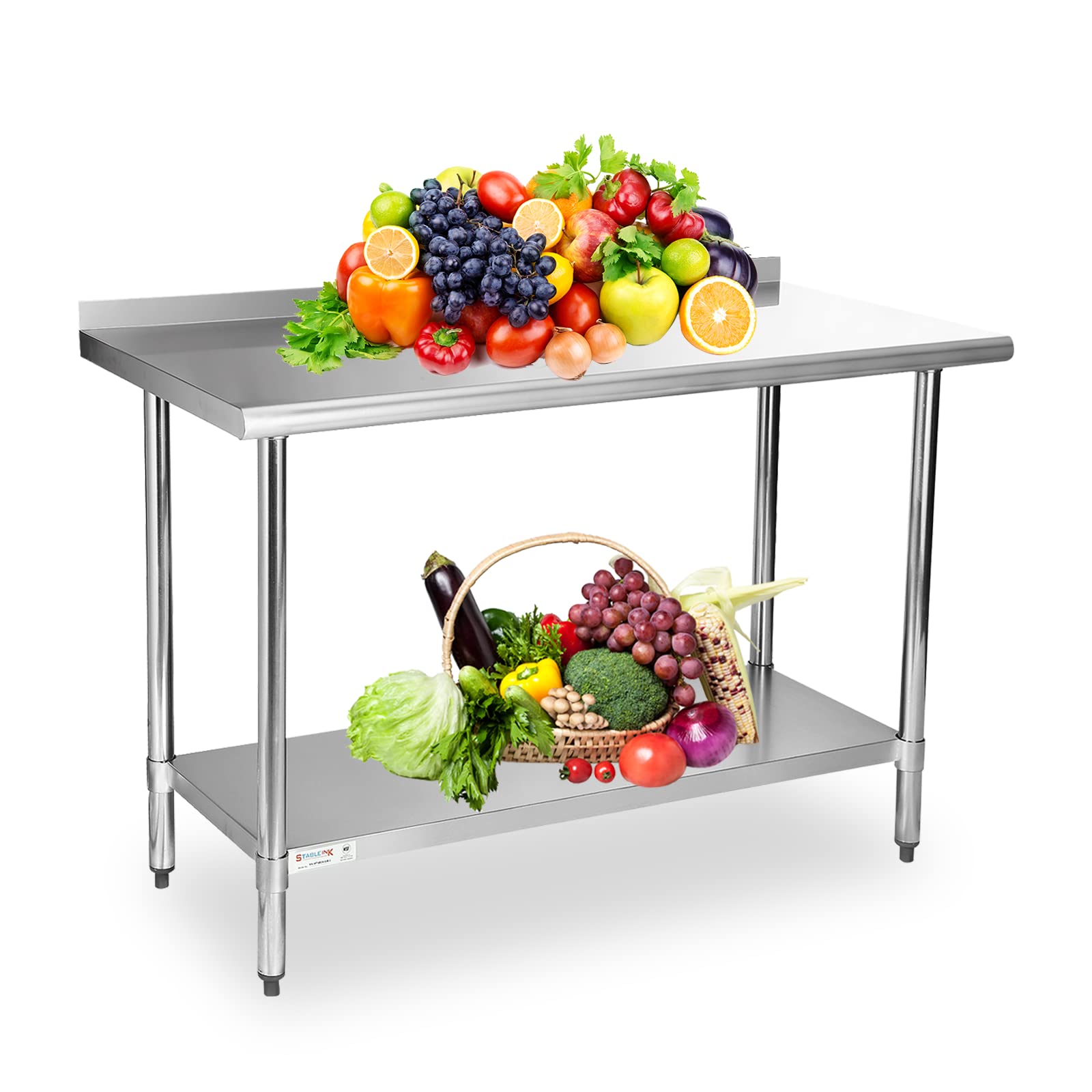 STABLEINK NSF Stainless Steel Table, 24 x 60 Inches Metal Prep & Work Table with Backsplash, Adjustable Undershelf and Table Foot, for Commercial - WoodArtSupply