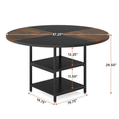 Tribesigns 47 inch Round Dining Table for 4, Wood Kitchen Table Large Dinner Table with Storage Shelf Metal Legs for Home Dining Room Living Room, Black Rustic Brown(Only Table)