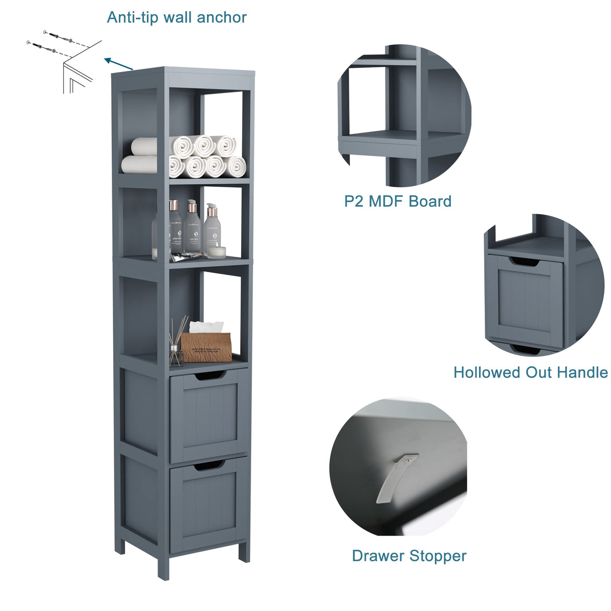 HOMEFORT Bathroom Storage Cabinet, Slim Tall Cabinet, Narrow Floor Cabinet Organizer, Wooden Linen Tower with 2 Drawers and 3 Shelves, Freestanding Storage Cupboard Grey HOMEFORT