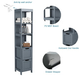 HOMEFORT Bathroom Storage Cabinet, Slim Tall Cabinet, Narrow Floor Cabinet Organizer, Wooden Linen Tower with 2 Drawers and 3 Shelves, Freestanding Storage Cupboard Grey HOMEFORT