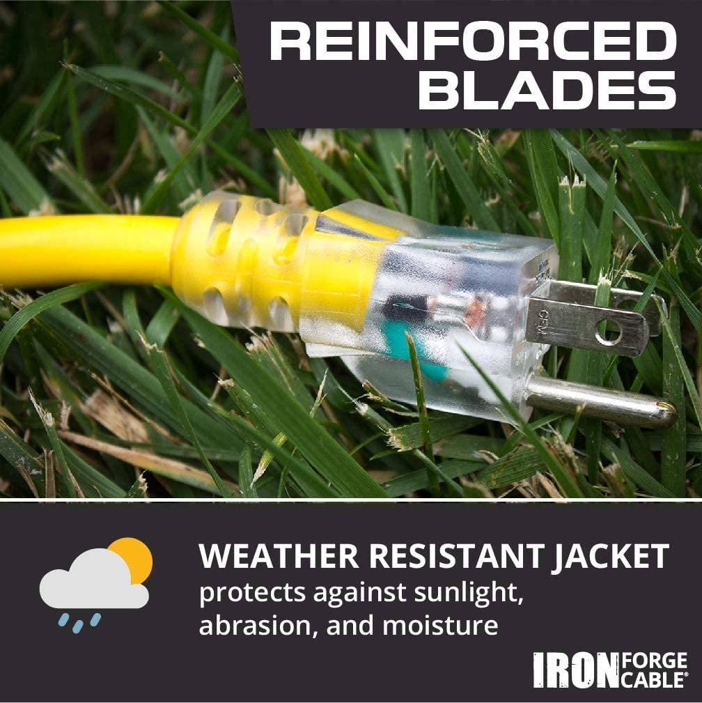 Iron Forge Cable Lighted Outdoor Extension Cord 75 ft - 14 Gauge 13 Amp Heavy Duty Power Extension Cords - SJTW - Great for Major Appliances, Power Tools, Garden Supplies - Yellow IRON FORGE CABLE