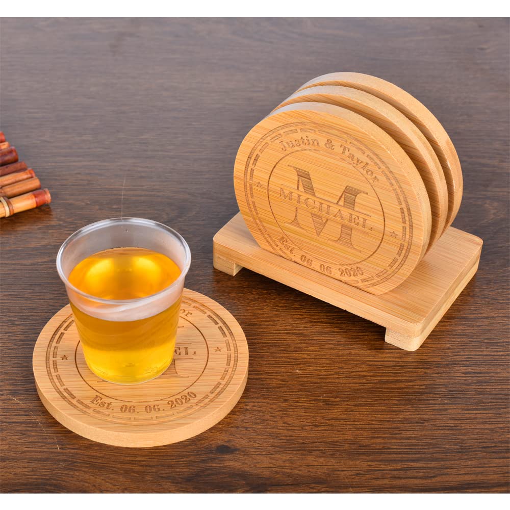 Personalized Coasters, Custom Engraved Coasters, Bamboo Coasters for Drinks, Monogram Coasters with Holder, Great Gifts for Relatives, Friends or Yourself (M, Set of 4) Mojia