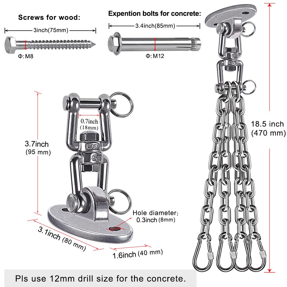 BeneLabel 360 Rotation Punching Bag Hanger Ceiling Mount with Chain Stainless Steel Punching Bag Hanging Kit 800 LB Capacity Heavy Boxing Bag Hanger Hardware with Chain BeneLabel