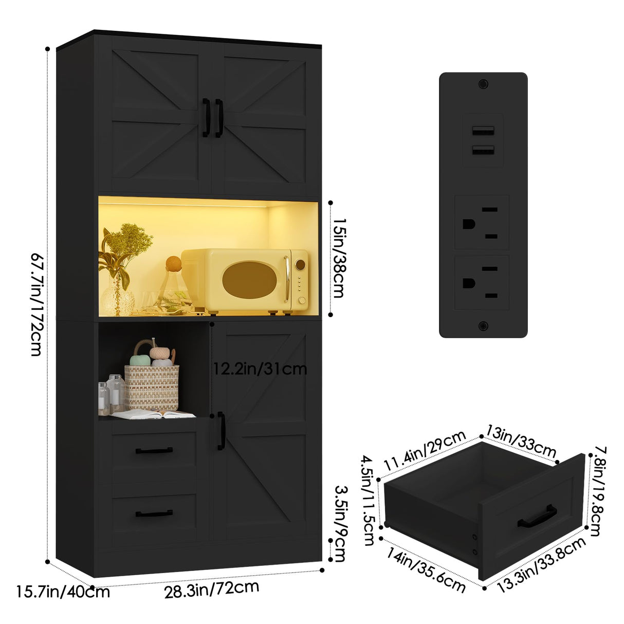 Frmobepts Kitchen Pantry Storage Cabinet with LED Lights and Power Strip, Tall Farmhouse Kitchen Pantry with Barn Doors and Drawers, Adjustable Shelves for Dining Living Room (Black) Frmobepts