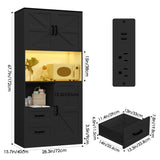 Frmobepts Kitchen Pantry Storage Cabinet with LED Lights and Power Strip, Tall Farmhouse Kitchen Pantry with Barn Doors and Drawers, Adjustable Shelves for Dining Living Room (Black) Frmobepts