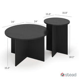 Stead Round Fluted Nesting Coffee Tables - 2 Piece Modern Wood Coffee Table for Living Room and Home Decor - Solid Wood Base and Grain Veneer Top (Blackened Oak) Stead