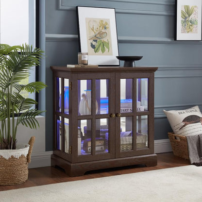 KEIKI Curio Cabinet, Lighted Glass Display Cabinet w/ 2 Glass Doors & Adjustable Shelves, Lighted Showcase with LED Light Strip, Cherry