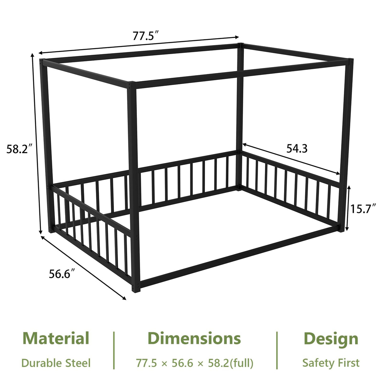Canopy Floor Bed for Kids – Queen Size, Matte-Black Steel Frame with Safety Fence, Unisex Design for Boys & Girls, Box Spring Required, Quick Assembly (Queen) Lyngins