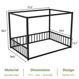 Canopy Floor Bed for Kids – Queen Size, Matte-Black Steel Frame with Safety Fence, Unisex Design for Boys & Girls, Box Spring Required, Quick Assembly (Queen) Lyngins