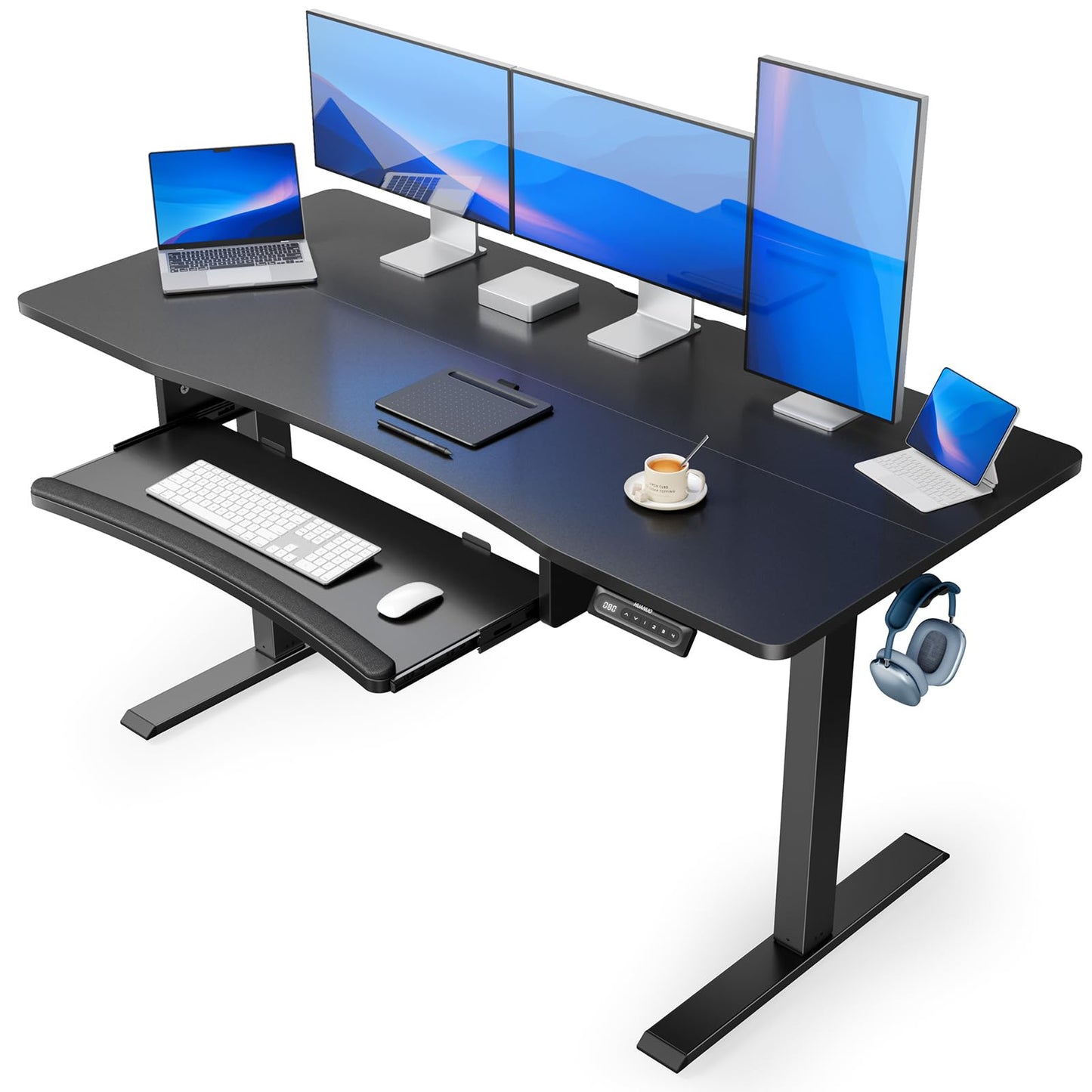 HUANUO 55" x 24" Electric Standing Desk with Large Keyboard Tray(26.7"), Adjustable Height Stand Up Desk for Home Office, 4 Memory Height Settings, 2 Headphone Hooks, Computer Workstation, Bl - WoodArtSupply