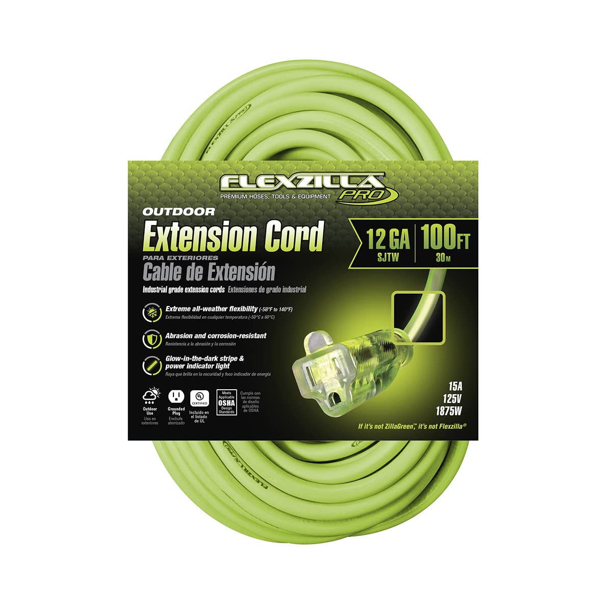 Flexzilla Pro Extension Cord, 12/3 AWG SJTW, 100 ft., Lighted Plug, Indoor/Outdoor, ZillaGreen - FZ512835 Flexzilla