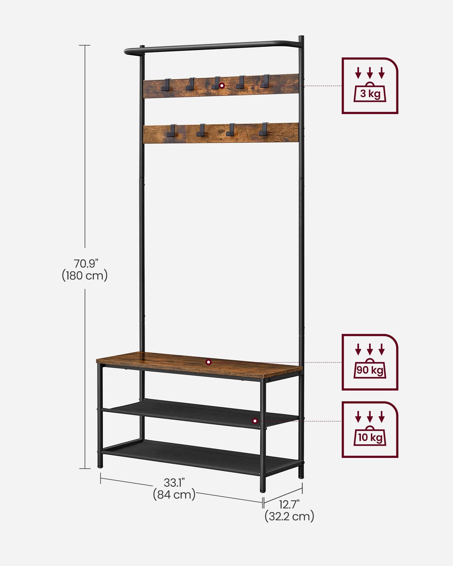 VASAGLE Hall Tree with Bench and Shoe Storage, Entryway Bench with Coat Rack Stand and Shoe Rack, 9 Movable Hooks, Top Bar, Fabric Shelves, Industrial, Rustic Brown and Black UHSR421B01 - WoodArtSupply