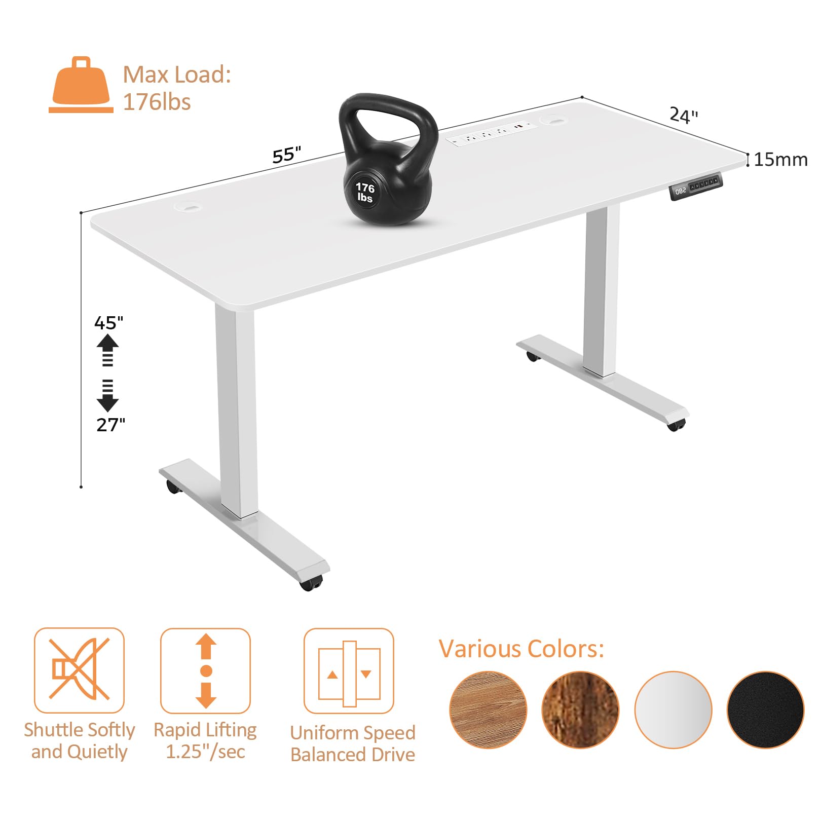 KORGOL Electric Standing Desk 55 x 24 Inches Adjustable Height Sit Stand Up Desk for Home Office Computer Workstation with 2 USB Ports 3 AC Power Outlets Memory Preset and Wheels, White - WoodArtSupply