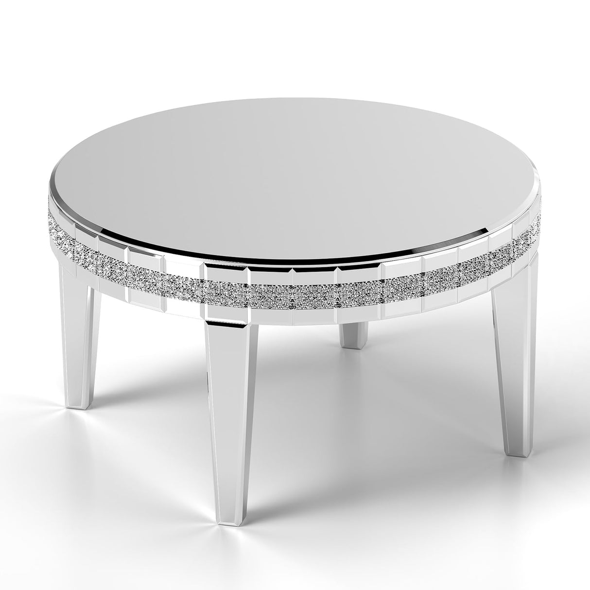 COSVALVE Silver Coffee Tables for Living Room Round with Luxury Mirror Surface, 31.5 Inches Mirrored Coffee Table with Legs & Crystal Inlay, Center Table Cocktail Table for Reception COSVALVE