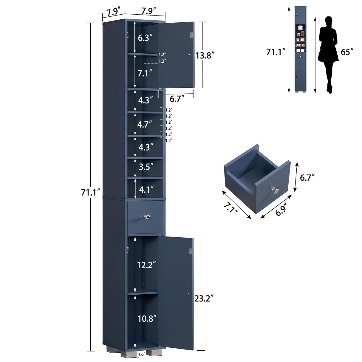 TEENFON Bathroom Cabinet, Narrow Bathroom Storage Cabinet with 5 Adjustable Shelves & Drawer, Freestanding Cupboard for Small Spaces, Blue TEENFON