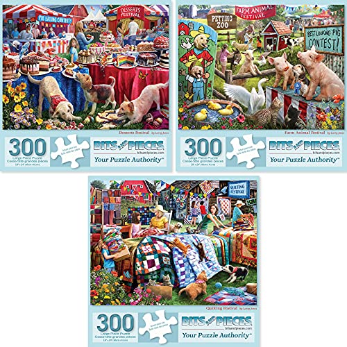 Bits and Pieces – Value Set of Three 300 Piece Jigsaw Puzzles for Adults – Desserts, Farm Animal, Quilting Jigsaw Puzzles by Artist Larry Jones, Completed Puzzle Size: 18" x 24" Bits and Pieces
