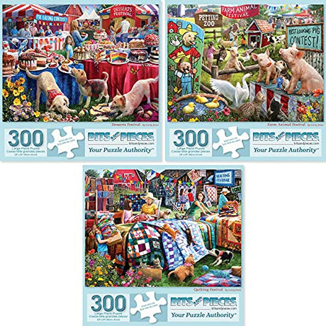 Bits and Pieces – Value Set of Three 300 Piece Jigsaw Puzzles for Adults – Desserts, Farm Animal, Quilting Jigsaw Puzzles by Artist Larry Jones, Completed Puzzle Size: 18" x 24" Bits and Pieces