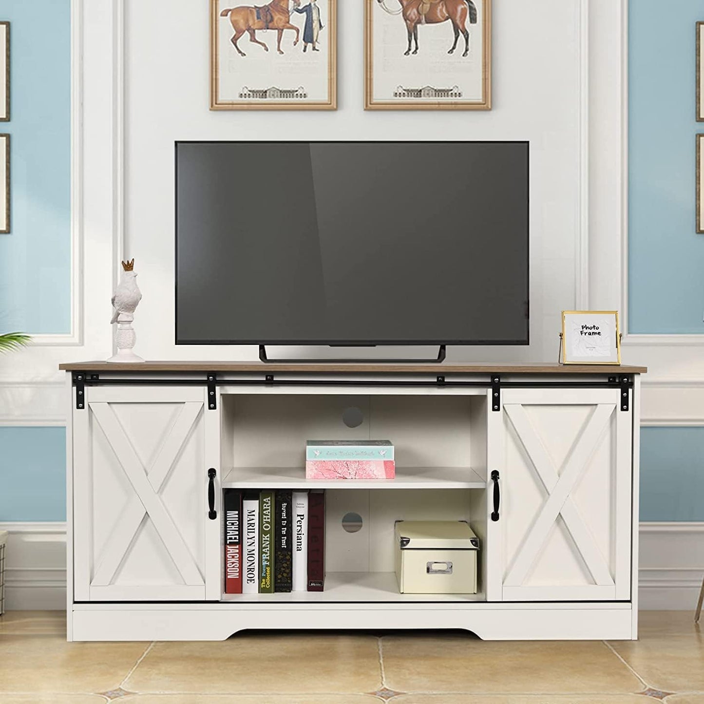 4 EVER WINNER White TV Stand for 65 inch TV for Living Room, Modern Farmhouse Barn Door TV Stand with Storage Cabinets and Adjustable Shelves for Bedroom, Media Entertainment Center TV Consol - WoodArtSupply