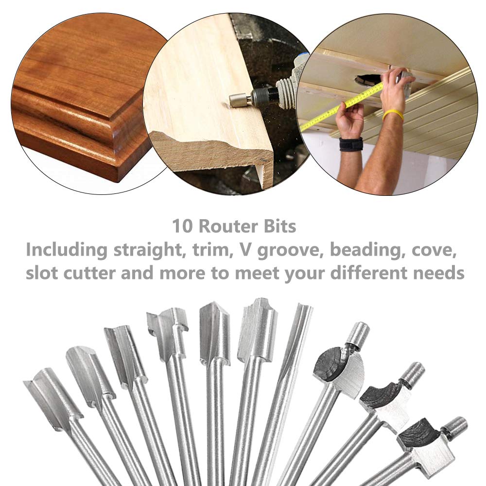 Saiper 10pcs HSS Carpentry Router Bits 1/8 Inch( 3mm ) Shank Engraving Bits Fit for Dremel Foredom Rotary Tools Set for Edge Grooving Wood Deburring Engraving and Milling Saipor