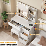 Vabches Vanity, Makeup Vanity Desk Set with Mirror & Light, Dressing Table Storage Lots with Power Strip, 3 Lighting Modes with Adjustable Brightness, 37 Inches (White) (White with Stool) Vabches
