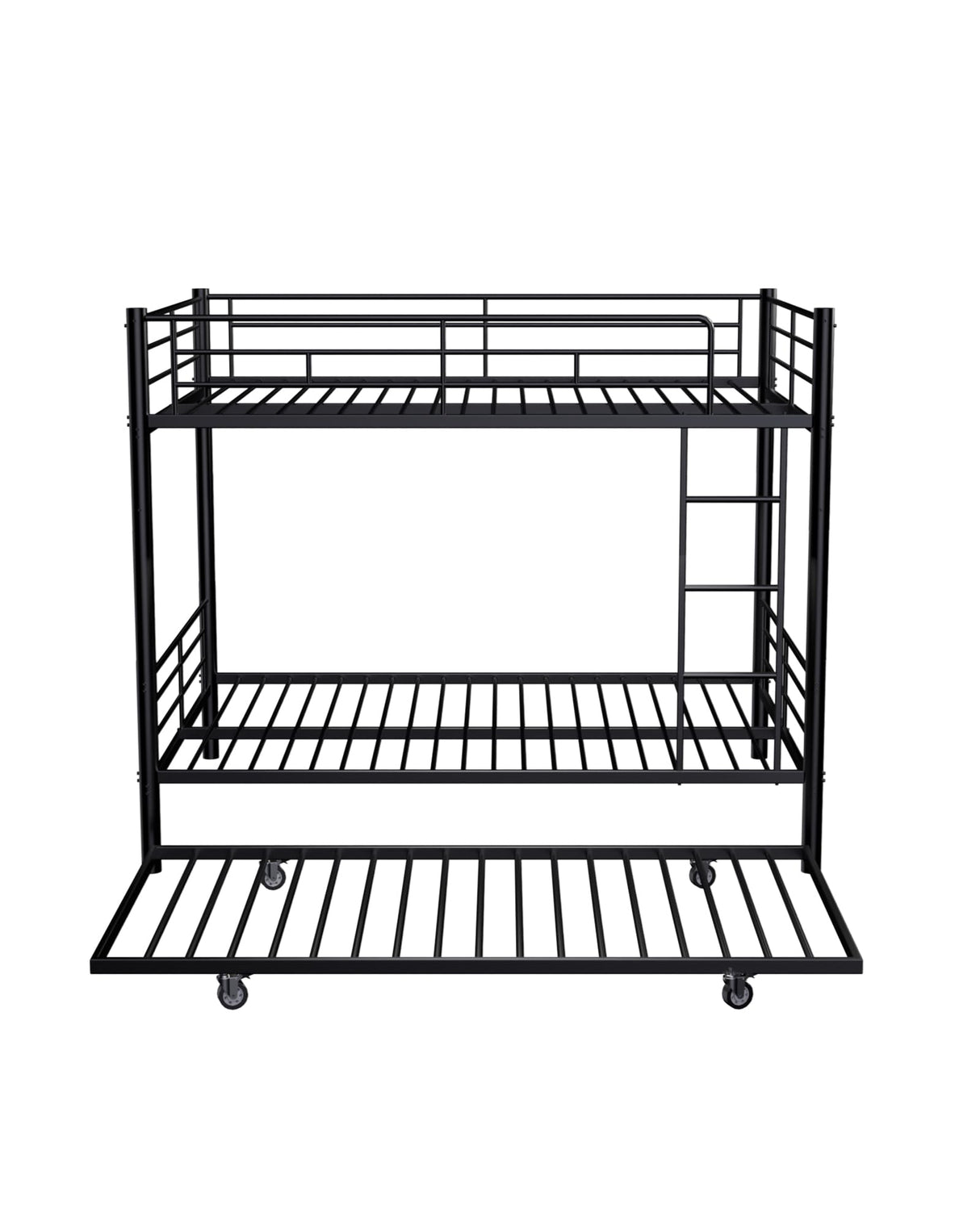 Feetice Full Over Full Bunk Bed with Trundle, Heavy Duty Metal Bed Frame with Full-Length Guardrails & Ladder, 3-in-1 Convertible Full Bunk Bed, Noise-Free, No Box Spring Needed, Black Feetice