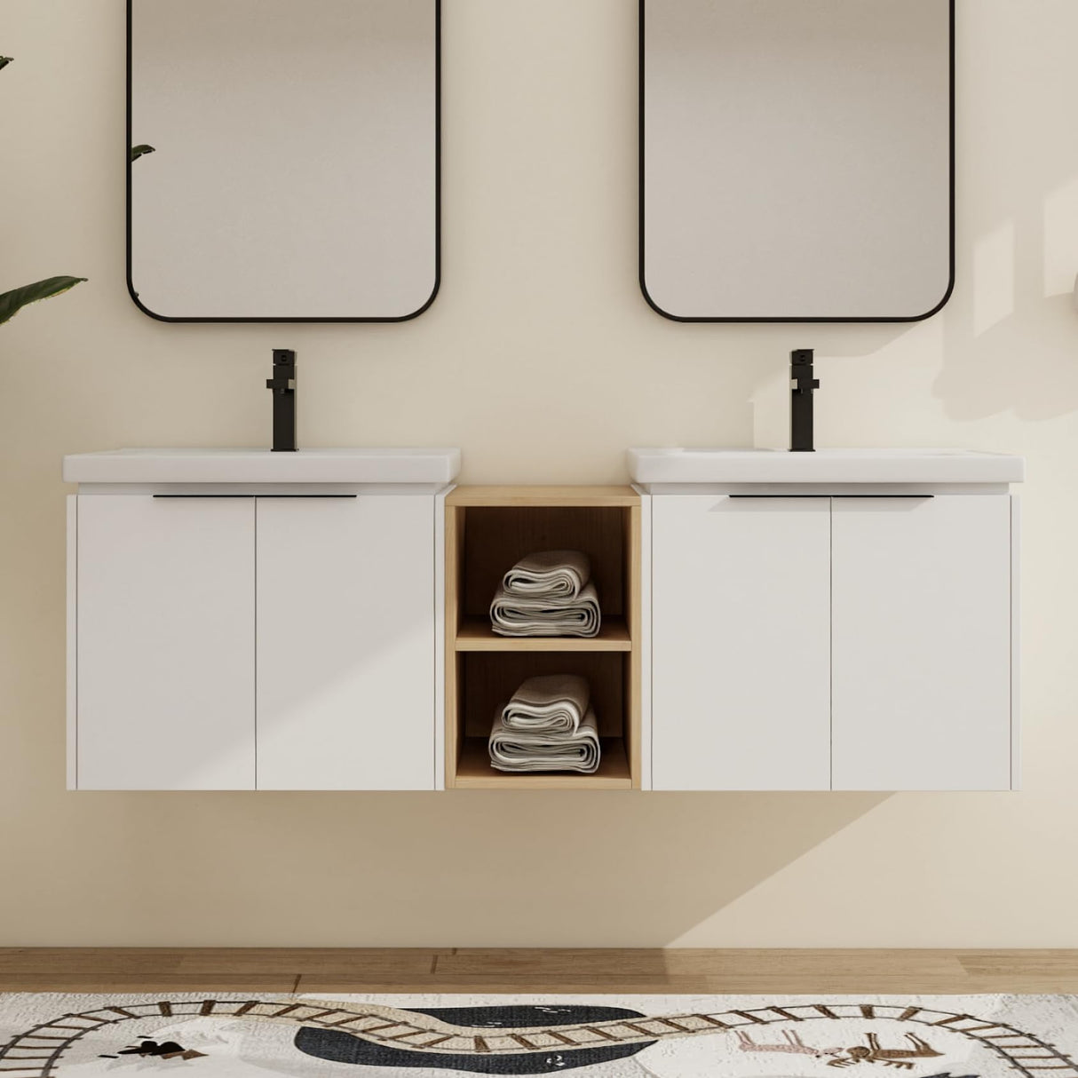 Malwee 60" Floating Bathroom Vanity with White Ceramic Basin Sink Top, 60 Inch Double Sink Wall Mounted Bathroom Vanity, with 4 Doors and Storage Shelve Malwee
