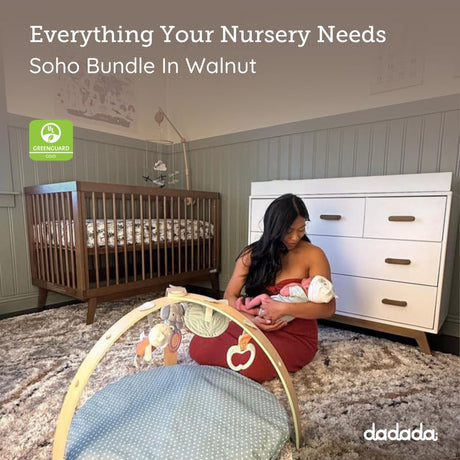 dadada Soho Baby Nursery Furniture Set. Baby Crib and Dresser Set Combo. Soho 3-in-1 Convertible Crib and Matching 5 Drawer Dresser. Walnut Beechwood dadada