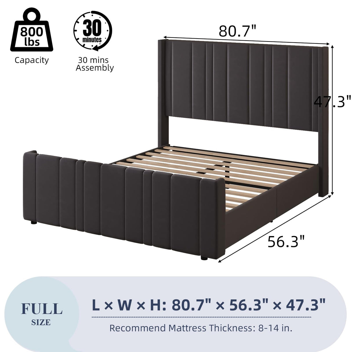 HOMBCK Full Bed Frame with Headboard, Upholstered Platform Bed Full Size with Velvet Headboard & Footboard/Vertical Channel Tufted/Wooden Slats/Noise Free/No Box Spring Needed/Easy Assembly, Grey HOMBCK