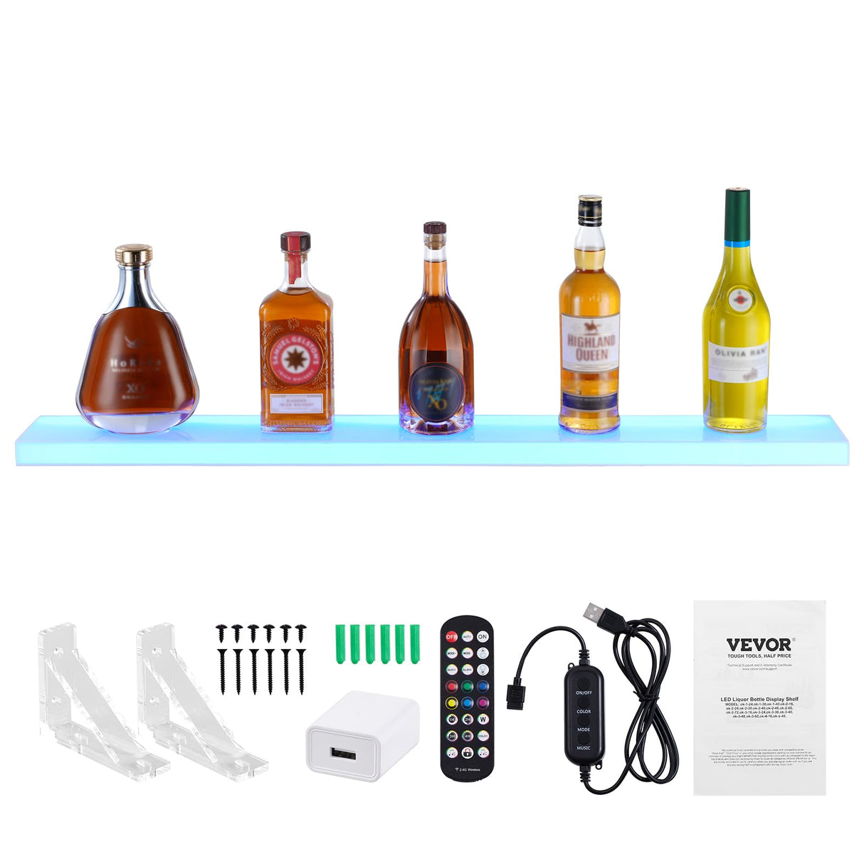 VEVOR LED Lighted Liquor Bottle Display, 1 Tier 40 Inch Wall Mounted Whiskey Rack Stand, 1 Step Commercial Illuminated Home Bar Shelf, Acrylic Drinks Light Shelves with RF Remote & App Control VEVOR