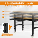 Pelnuies 48" Work Bench with Wheels, Adjustable Height Workbench with Drawers, Heavy-Duty Oak Wood Work Table with Power Outlets, 2000 LBS Capacity Workstation for Garage, Workshop, Office, Home Pelnuies