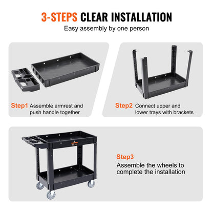 VEVOR Utility Service Cart, 2 Shelf 550LBS Heavy Duty Plastic Rolling Utility Cart with 360° Swivel Wheels, Medium Lipped Shelf, Ergonomic Storage - WoodArtSupply