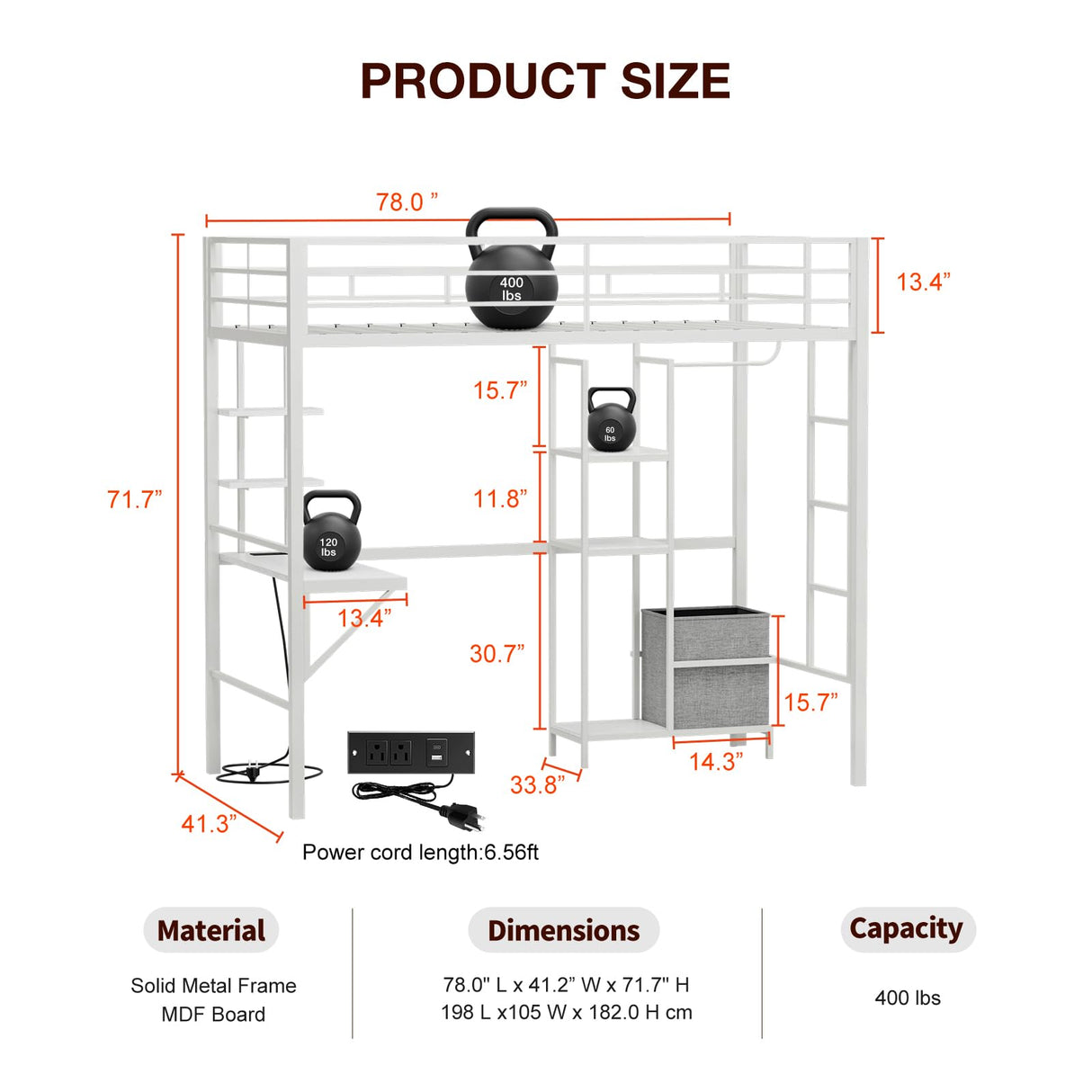 IKIFLY Metal Twin Loft Bed with Desk and Storage Shelves, LED Lights & Charging Station, Loft Bed Frame with 13.4” Guardrail and Ladder, Large Fabric Basket, Clothes Rail, No Box Spring Needed, White IKIFLY