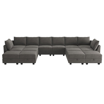 HONBAY Oversized Modular Sofa Couch with Chaise U Shaped Velvet Sectional Sofa Reversible Modular Sofa Sleeper Bed with Storage Seats, Grey