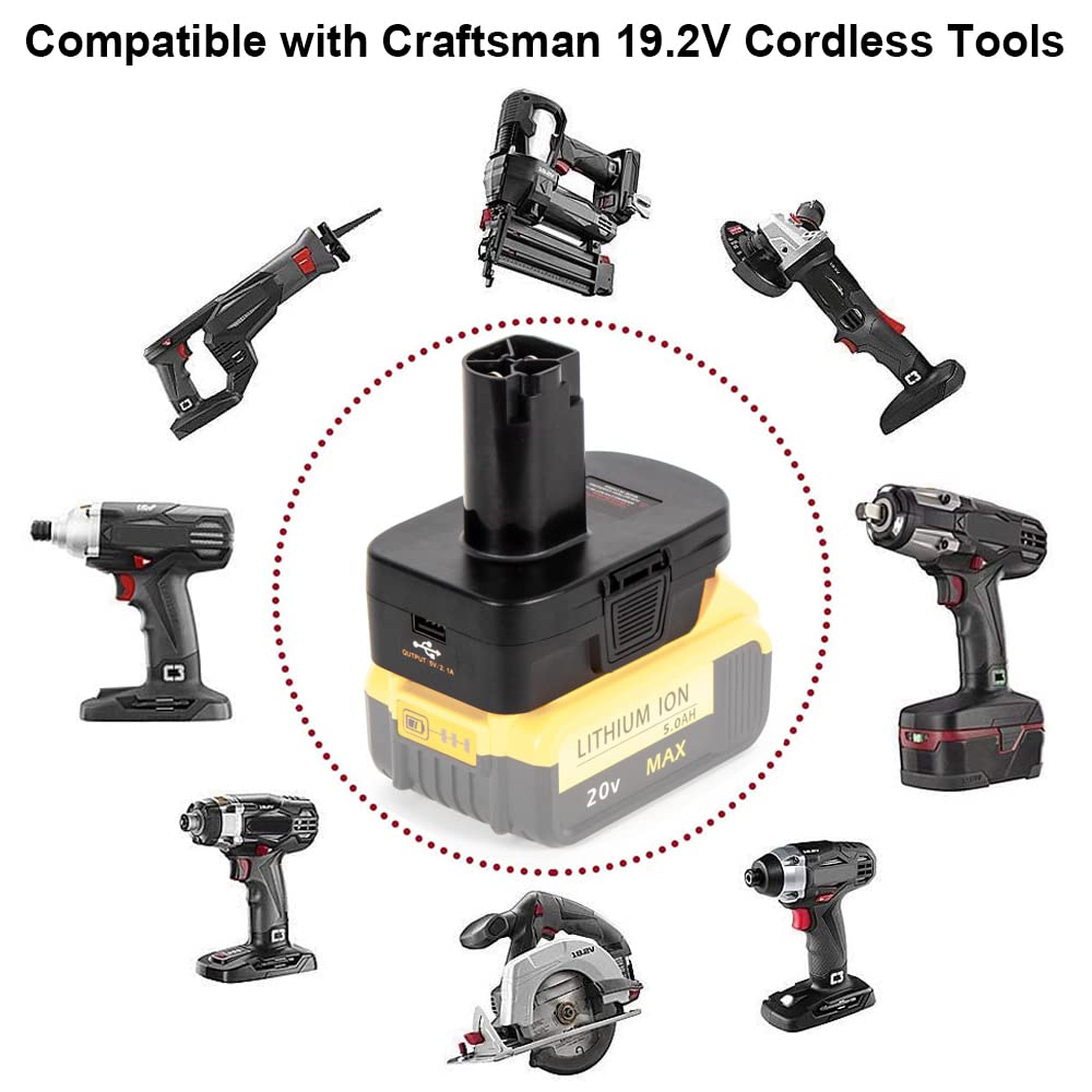 Battery Adapter for Craftsman C3 19.2 Volt Lithium Cordless Tool, Convert for DeWalt 20V &for Milwaukee 18V M18 Lithium Battery to Craftsman 19.2V Ni-MH Lithium Battery Converter, w/ USB Charge Port XFYBZN