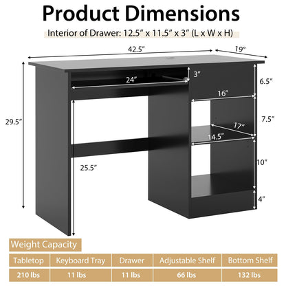 Tangkula Black Desk with Drawer, Wooden Computer Desk with Pull-Out Keyboard Tray & Adjustable Storage Shelves, Modern Laptop PC Desk with CPU Stand, Writing Study Desk for Bedroom (Black) - WoodArtSupply