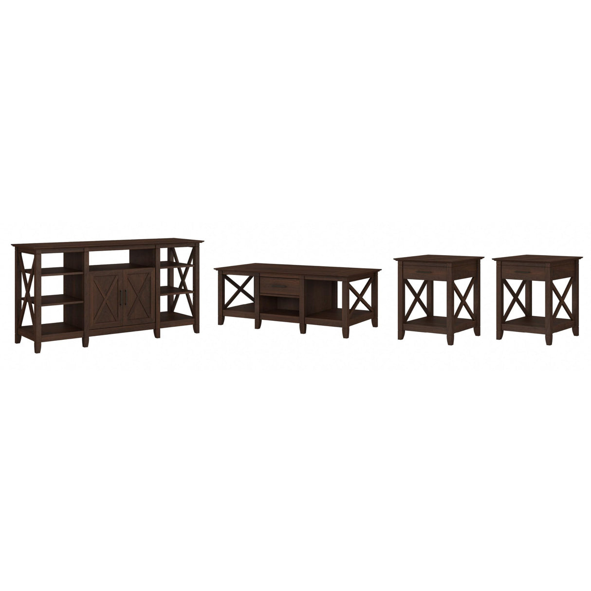 Bush Furniture Key West Tall TV Stand with Coffee Set of 2 End Tables, 24D x 60W x 30H, Bing Cherry Bush Business Furniture