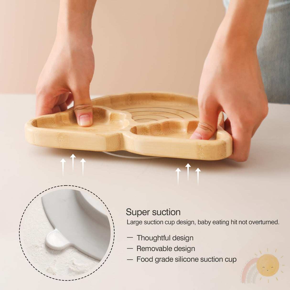 Bamboo Suction Plates Bowls Set for Baby Toddler Divided Platter Food bowl with Silicone Fork & Spoon All-Natural Baby Feeding Set for Baby-Led Weaning, Non-Slip Design let's make