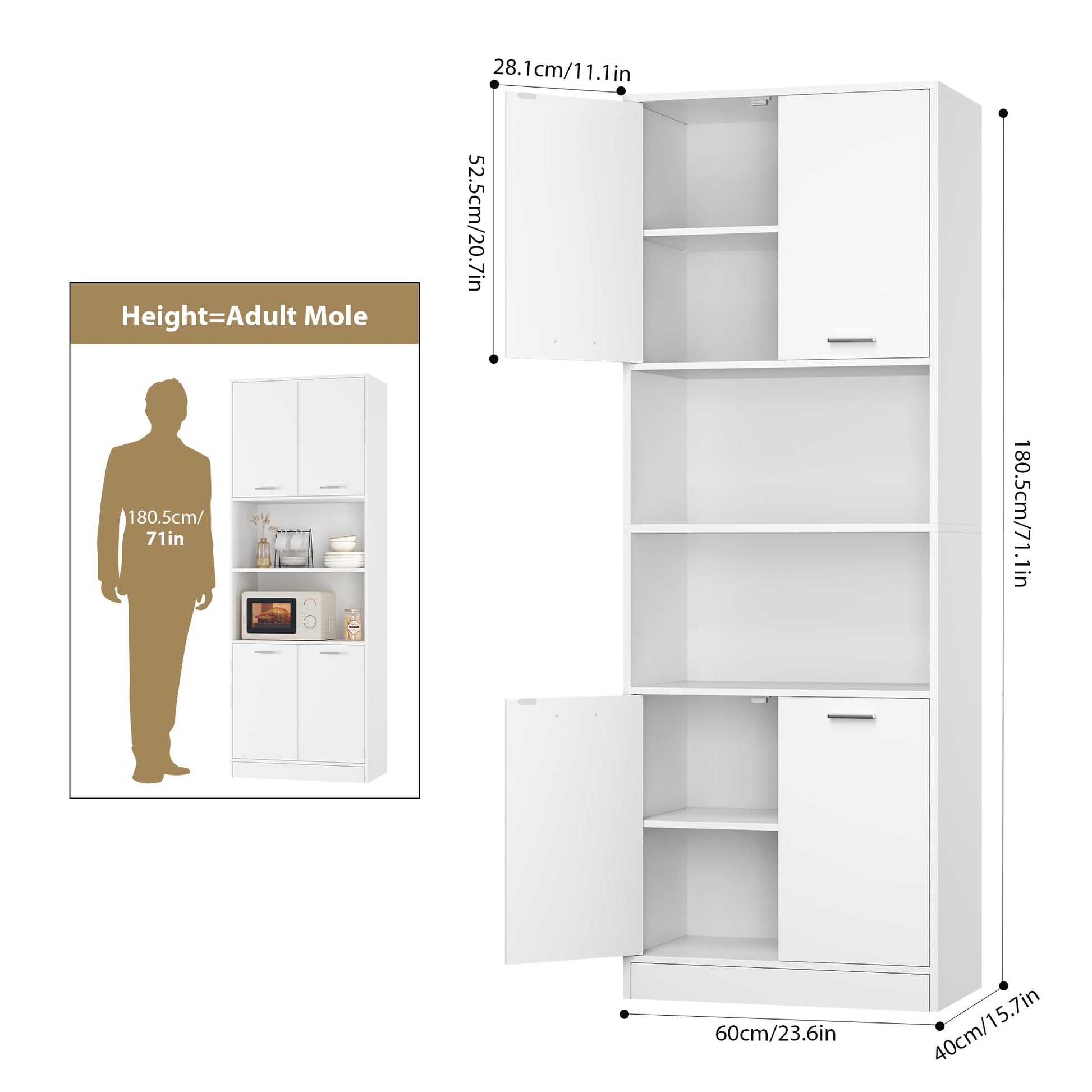 FOTOSOK Kitchen Pantry Cabinet, 71" Tall Cupboard Pantry Cabinet with Doors and Adjustable Shelves, Freestanding Utility Storage Cabinet with Open Countertop, Pantry Cabinets for Kitchen, Din - WoodArtSupply