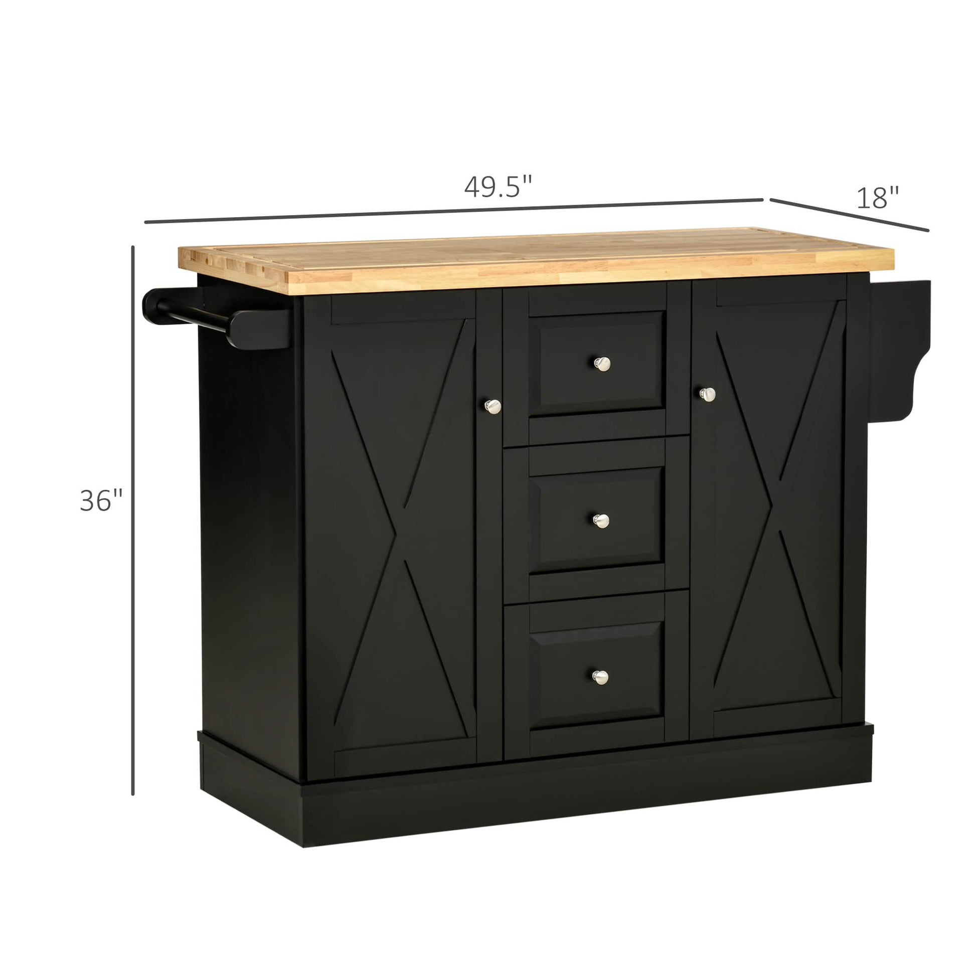 HOMCOM Rolling Kitchen Island with Storage, Kitchen Cart with Wood Top, 3 Drawers and 2 Barn Door Style Cabinet, Adjustable Shelves, Spice Rack, Black - WoodArtSupply