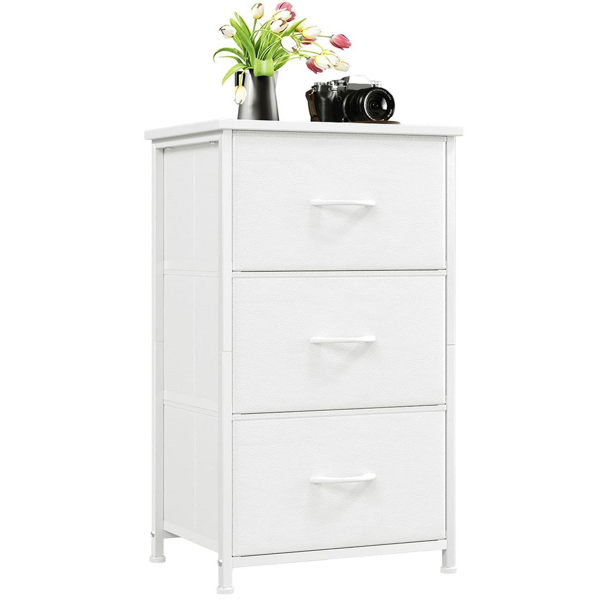 Somdot Dresser for Bedroom with 3 Drawers, Storage Organizer Chest of Drawers with Removable Fabric Bins for Closet Bedside Living Room Laundry Entryway Hallway, White Leather Somdot