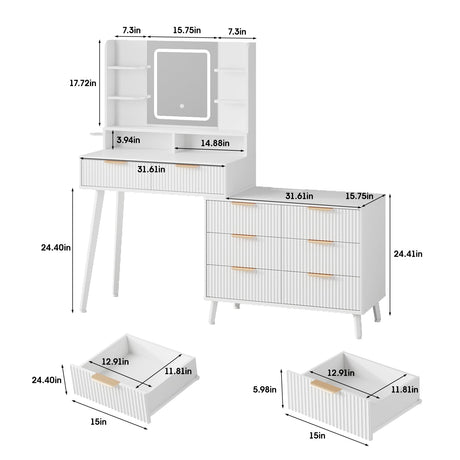 Maupvit Vanity Desk with Mirror and Lights, Makeup Vanity with 8 Drawers & Shelves, Corner Vanity, L Shape Change & Storage, Dressing Table for Bedroom (White) Maupvit