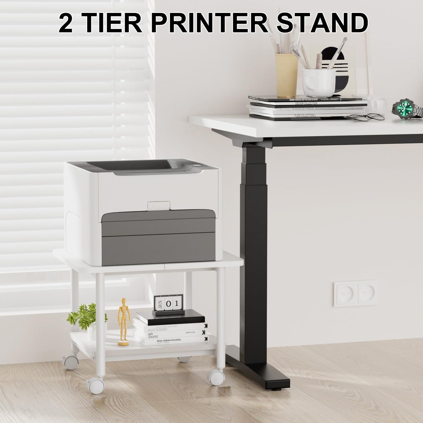 QieerHior Printer Stand 2-Tier Large Printer Table Under Desk Printer Stand for 3D Printers, Desktop Printers, Laser Printers, Rolling Printer Cart with Wheels for Home Office Storage (White)