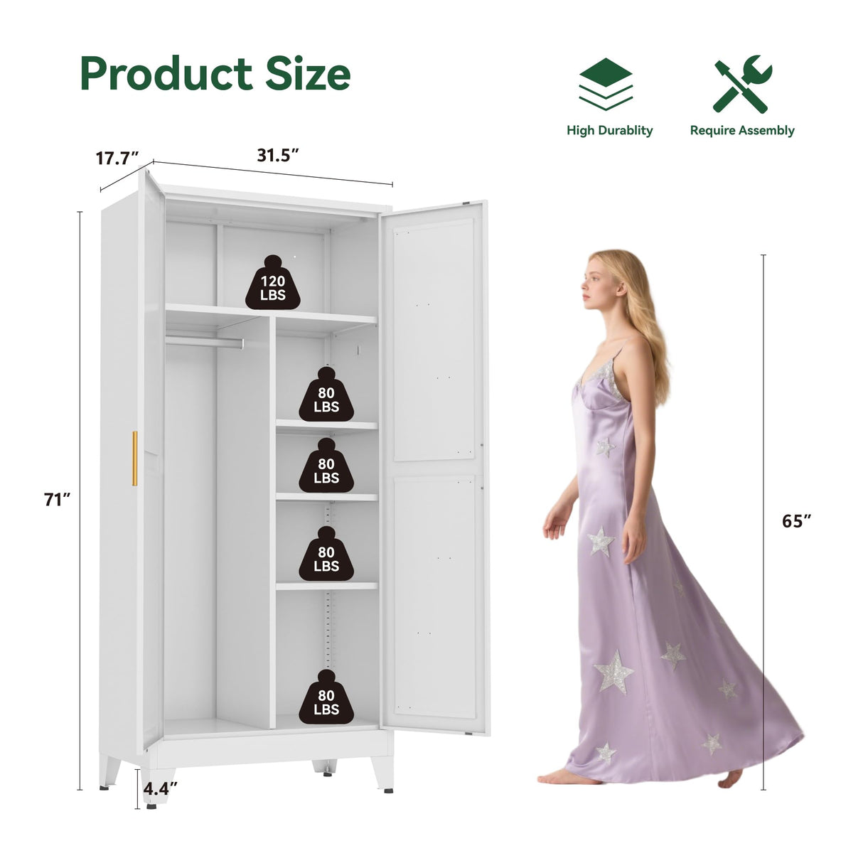 Metal Combination Cabinet, Wardrobe Closet Cabinets with Doors and Shelves, 71" Farmhouse Bedroom Armoire Closet with Hanging Rod and Clothing Shelf, White Steel Wardrobe Cabinet for Bedroom Bevivog