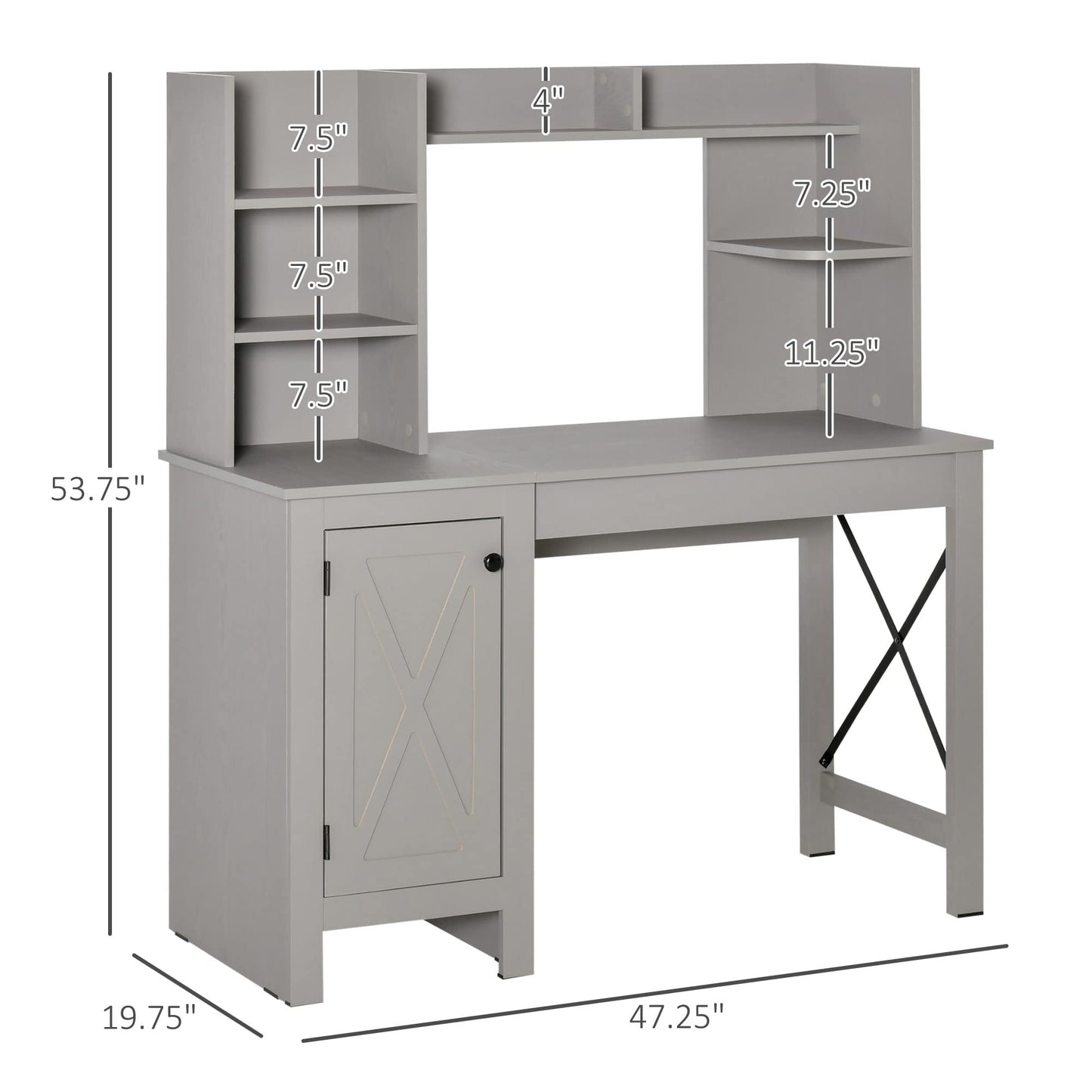 HOMCOM Farmhouse Computer Desk with Hutch and Cabinet, Home Office Desk with Storage, for Study, Light Grey - WoodArtSupply